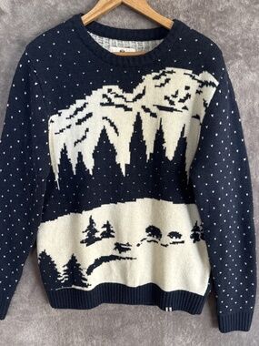 Vintage Bellfield Men's Retro Mountain Tree Knit Sweater Navy Blue Large
